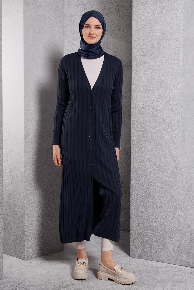 Hijab clothing NAVY BLUE LONG KNITWEAR CARDIGAN 45017 - ALVİNA