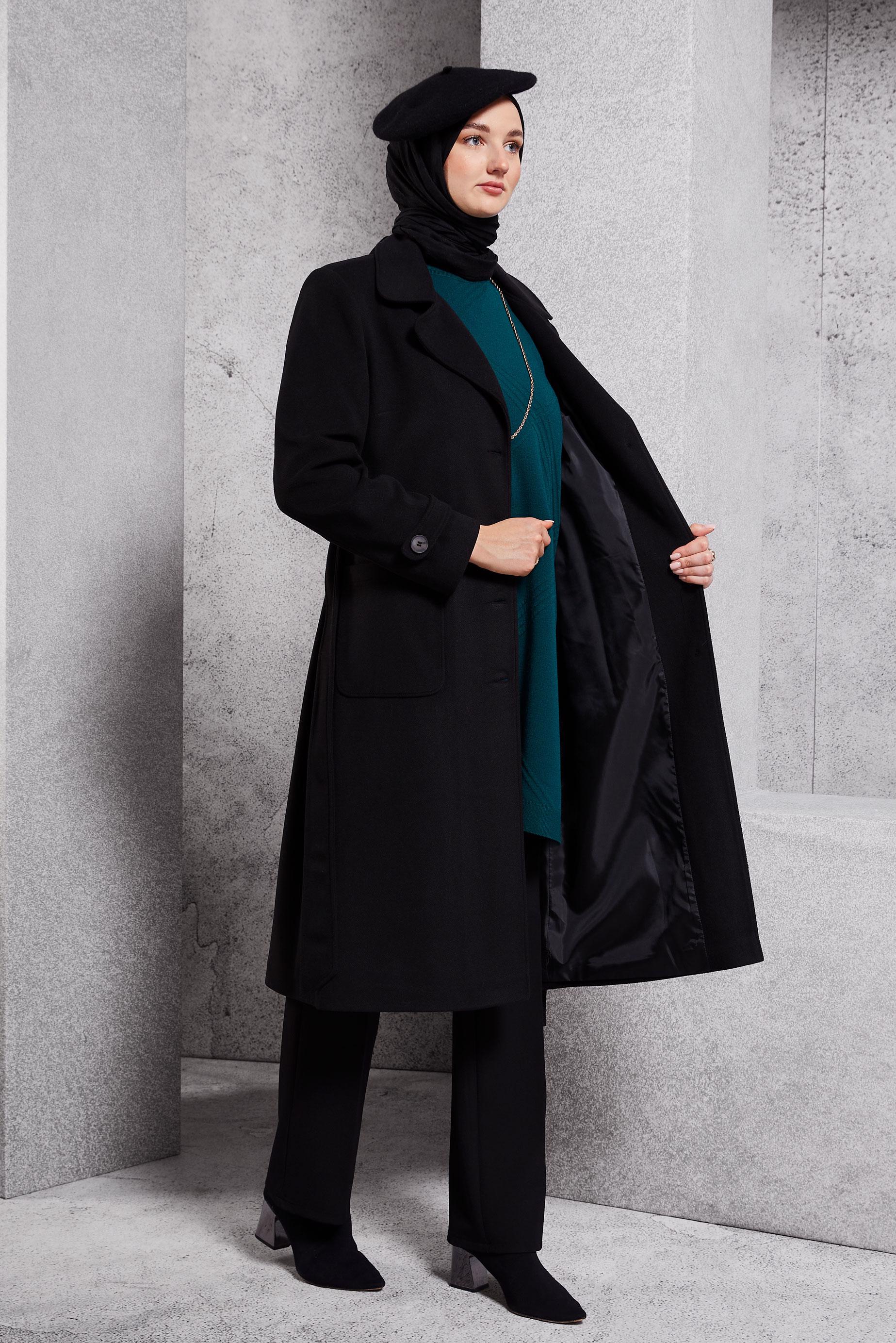 Hijab clothing BLACK BELTED COAT 90500