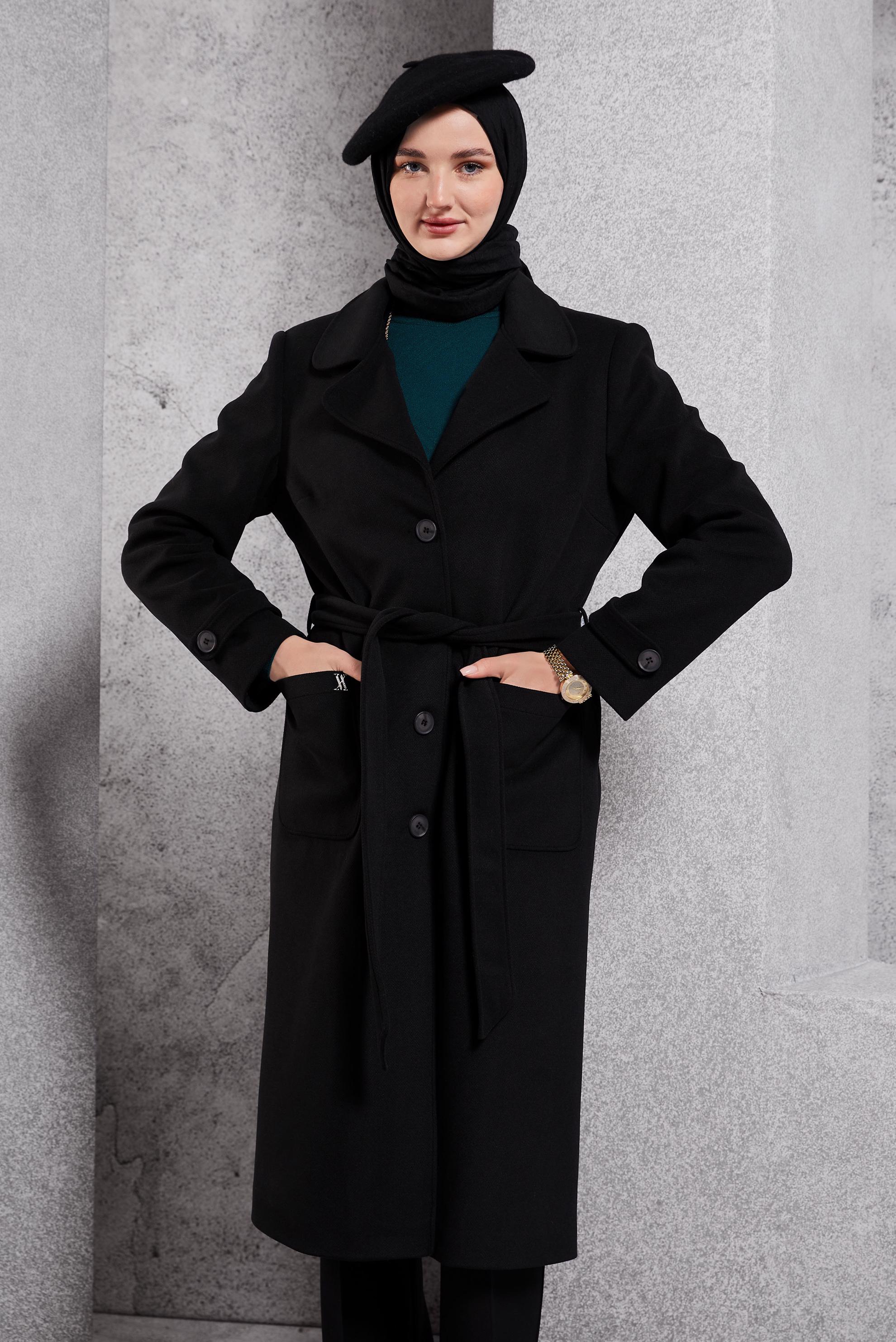Hijab clothing BLACK BELTED COAT 90500