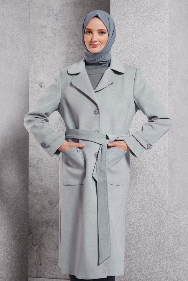 Tesettür giyim GRİ KUŞAKLI KABAN 90500 - ALVİNA