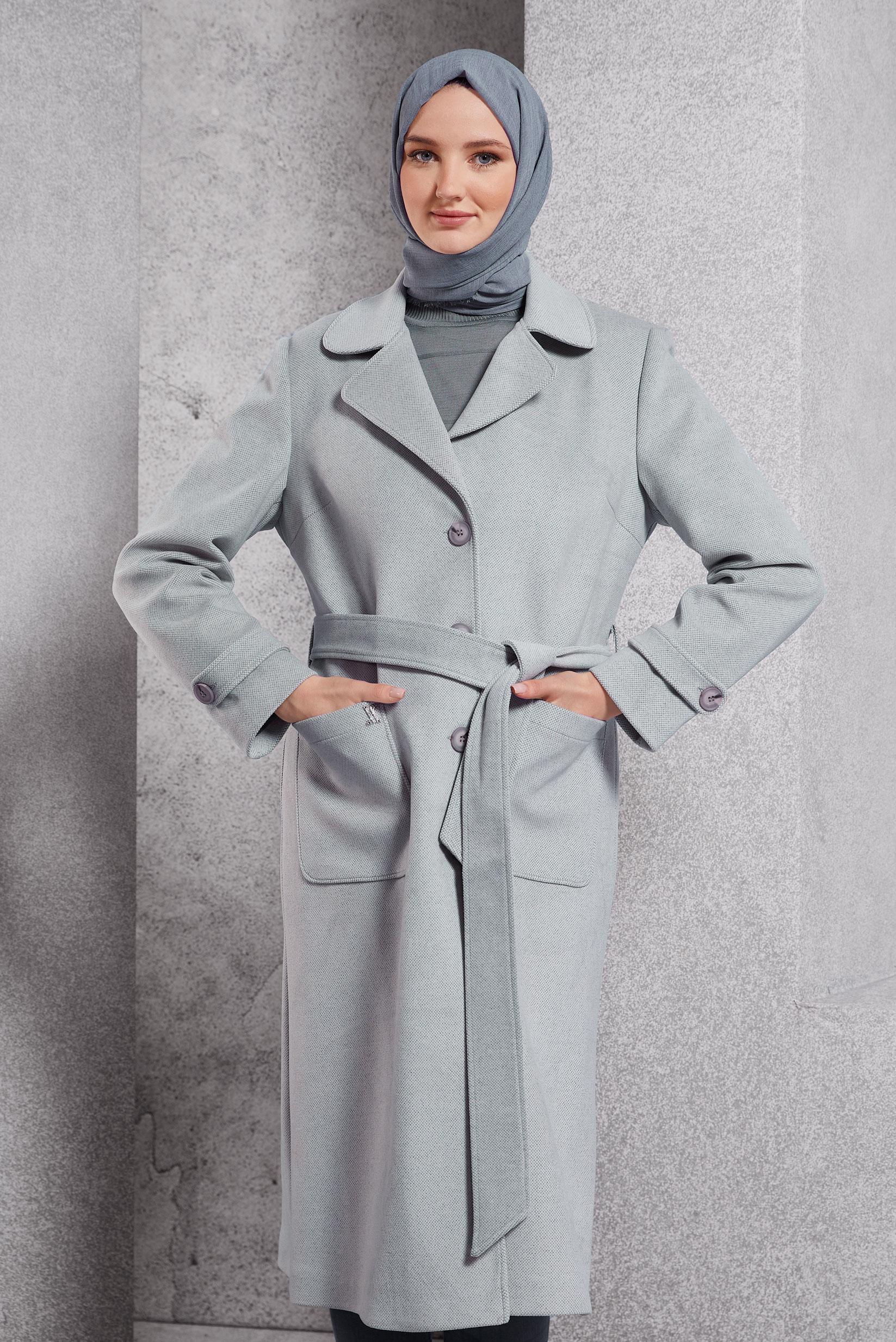 Tesettür giyim GRİ KUŞAKLI KABAN 90500
