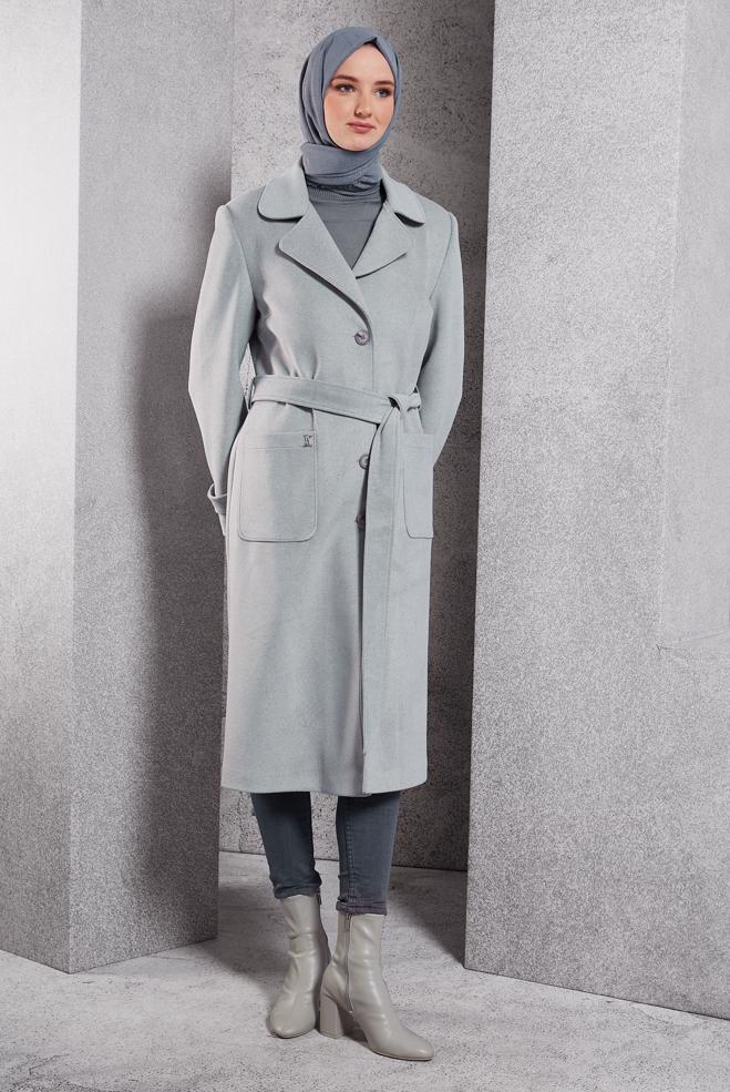 Tesettür giyim GRİ KUŞAKLI KABAN 90500 - ALVİNA