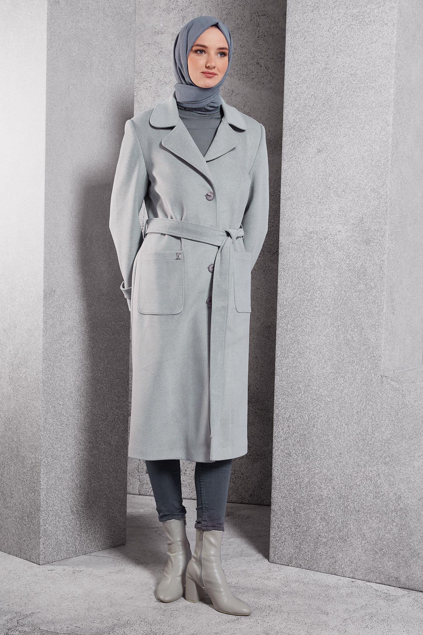 Tesettür giyim GRİ KUŞAKLI KABAN 90500