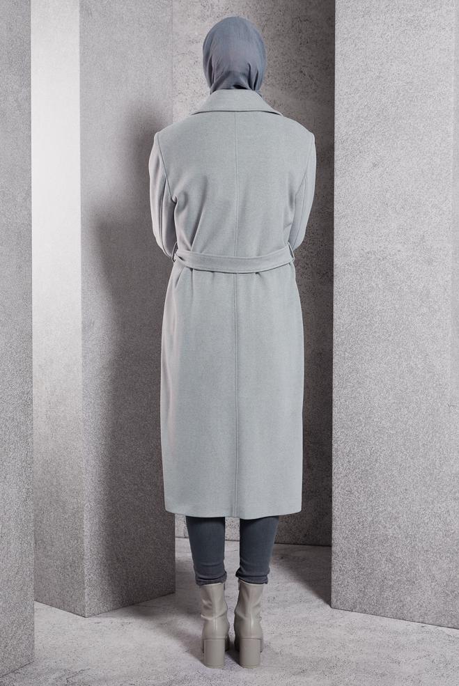 Tesettür giyim GRİ KUŞAKLI KABAN 90500 - ALVİNA