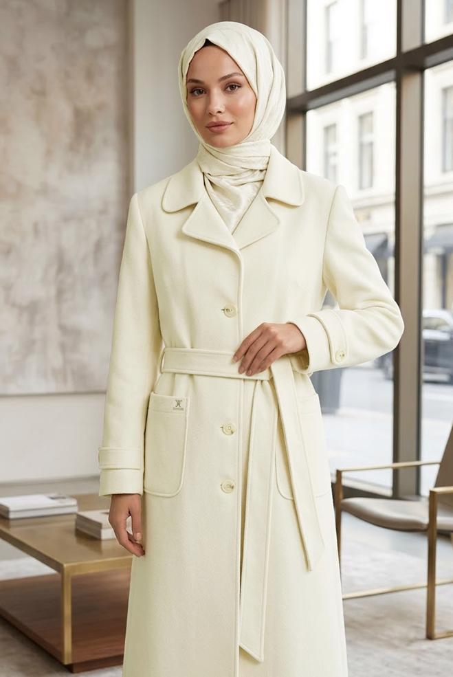 Hijab clothing ECRU BELTED COAT 90500 - ALVİNA