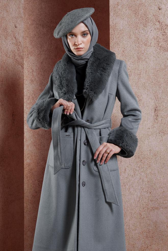 Hijab clothing GREY FUR DETAILED BELTED COAT 90501 - ALVİNA