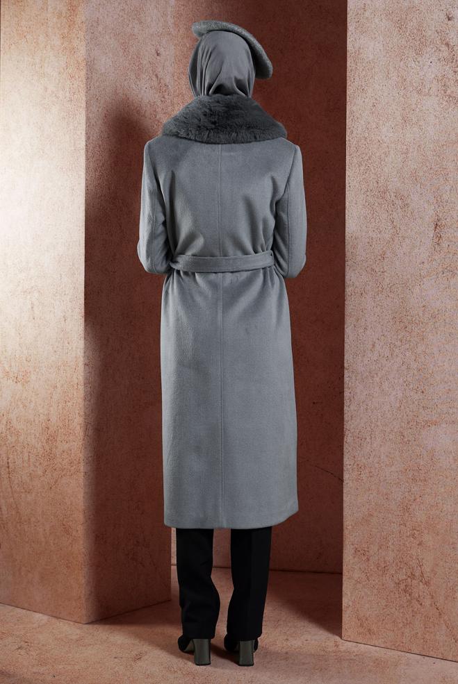 Hijab clothing GREY FUR DETAILED BELTED COAT 90501 - ALVİNA