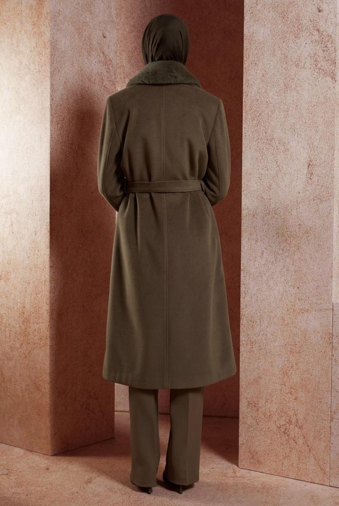 Hijab clothing BROWN FUR DETAILED BELTED COAT 90501 - ALVİNA