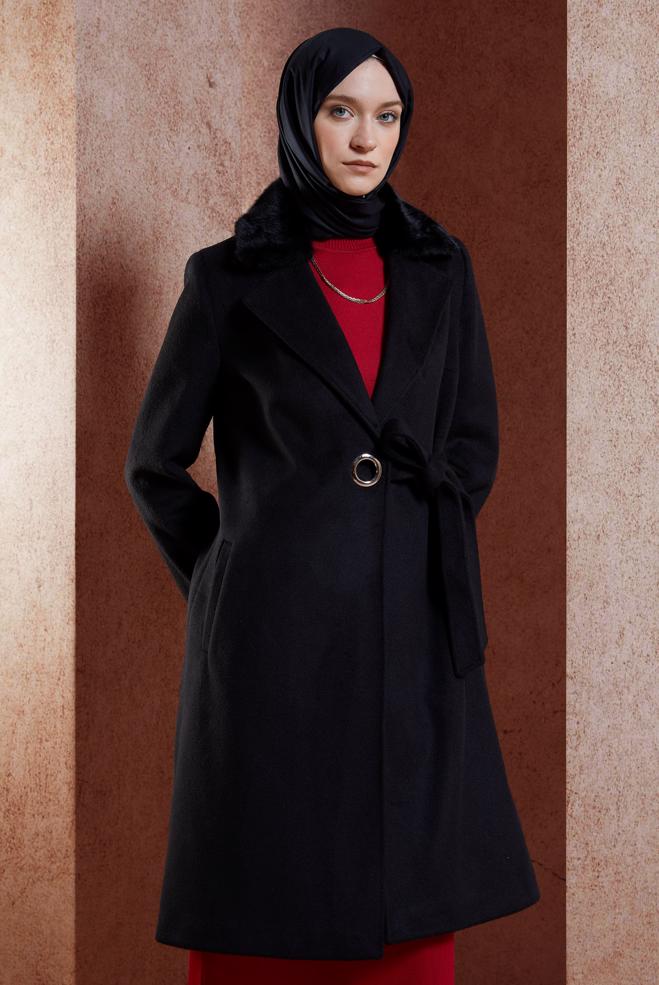 Tesettür giyim  KUŞAKLI KABAN 90502 - ALVİNA