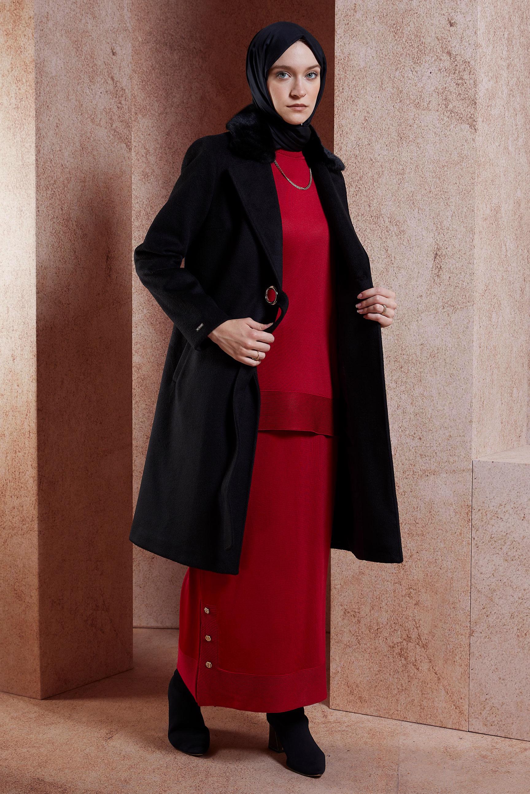 Tesettür giyim SİYAH KUŞAKLI KABAN 90502