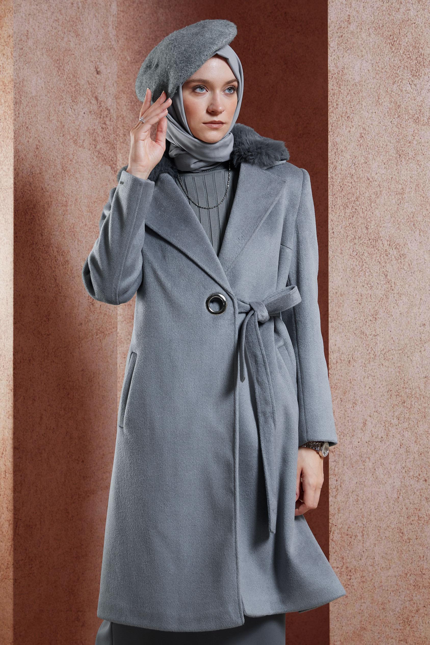 Tesettür giyim GRİ KUŞAKLI KABAN 90502