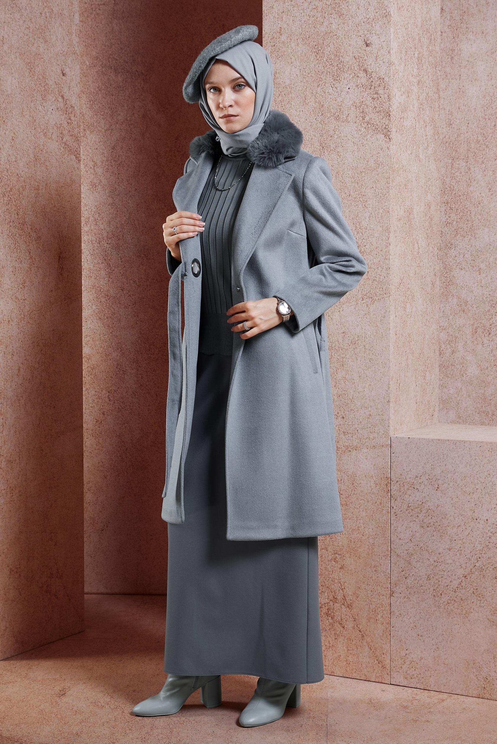 Tesettür giyim GRİ KUŞAKLI KABAN 90502