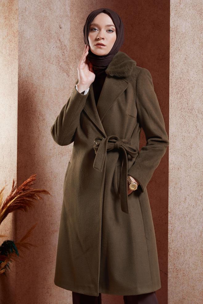 Vêtements hijab BRUN MANTEAU CEINTURÉ 90502 - ALVİNA