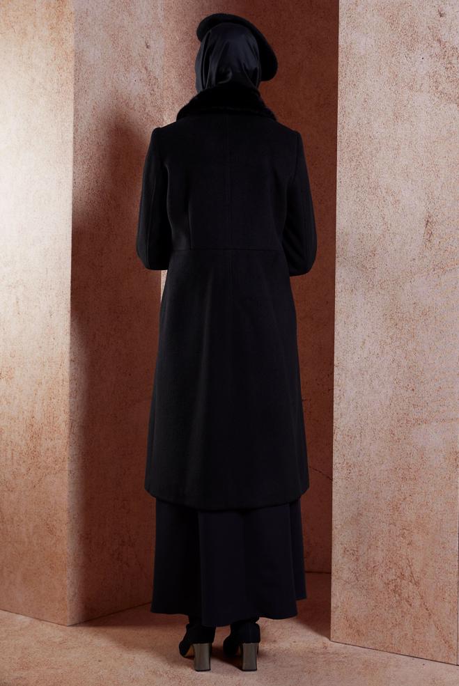 Vêtements hijab NOIR MANTEAU À COL EN FOURRURE 90503 - ALVİNA