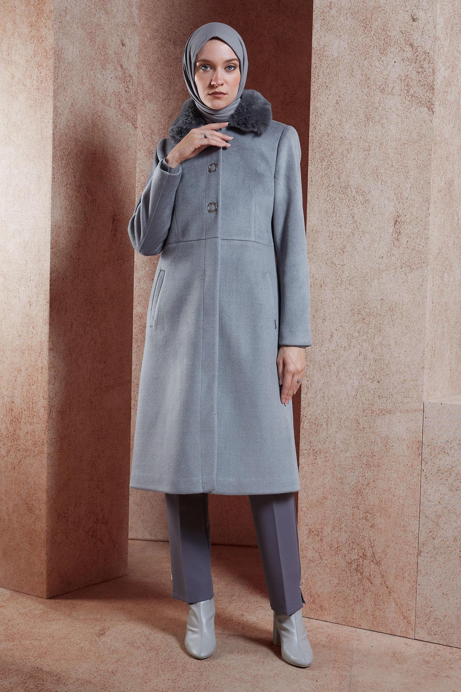 Hijab clothing GREY FUR COLLAR COAT 90503
