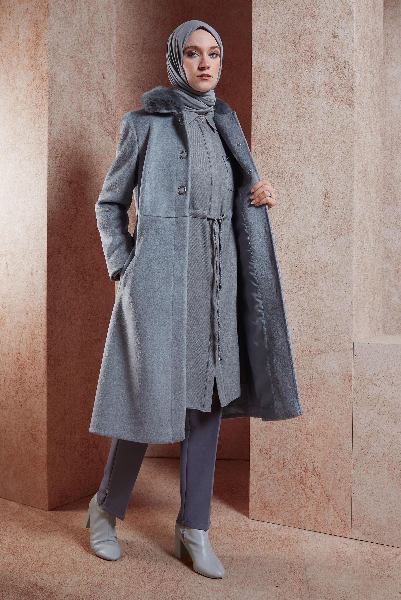 Hijab clothing GREY FUR COLLAR COAT 90503