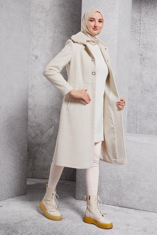 Hijab clothing BROWN FUR COLLAR COAT 90503 - ALVİNA