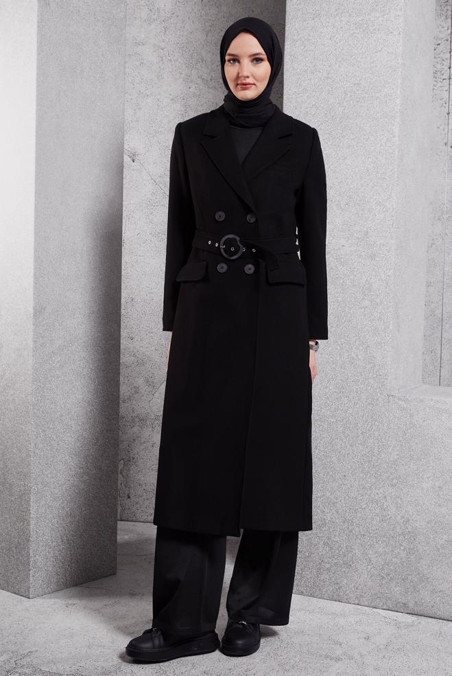 Tesettür giyim SİYAH KEMERLİ KABAN 90504 - ALVİNA