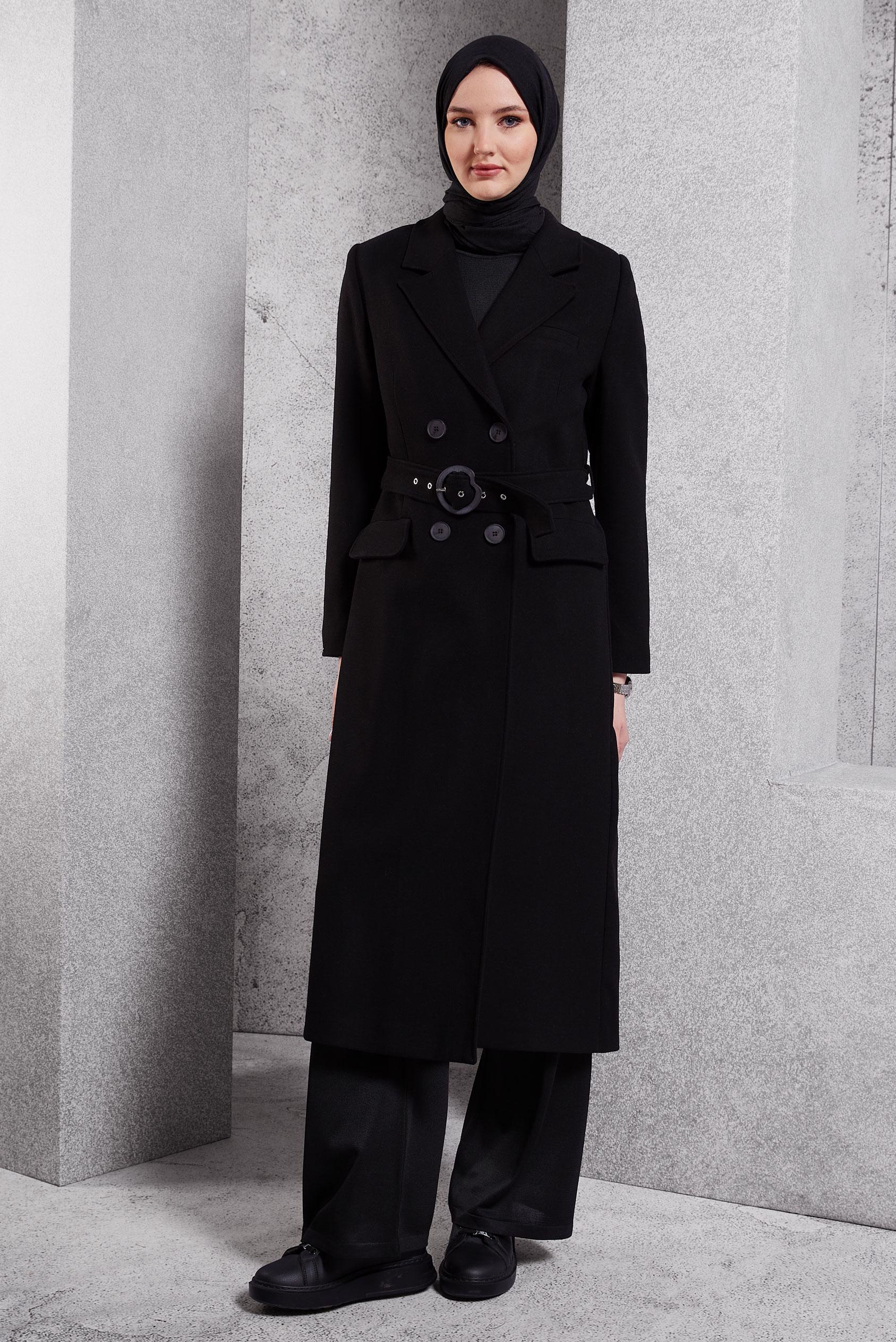 Tesettür giyim SİYAH KEMERLİ KABAN 90504