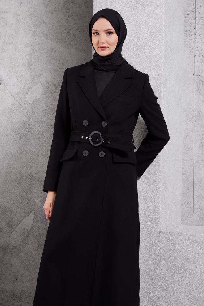 Tesettür giyim SİYAH KEMERLİ KABAN 90504 - ALVİNA