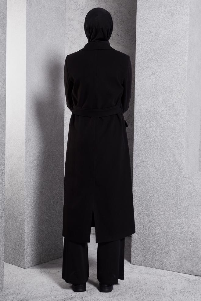 Tesettür giyim SİYAH KEMERLİ KABAN 90504 - ALVİNA