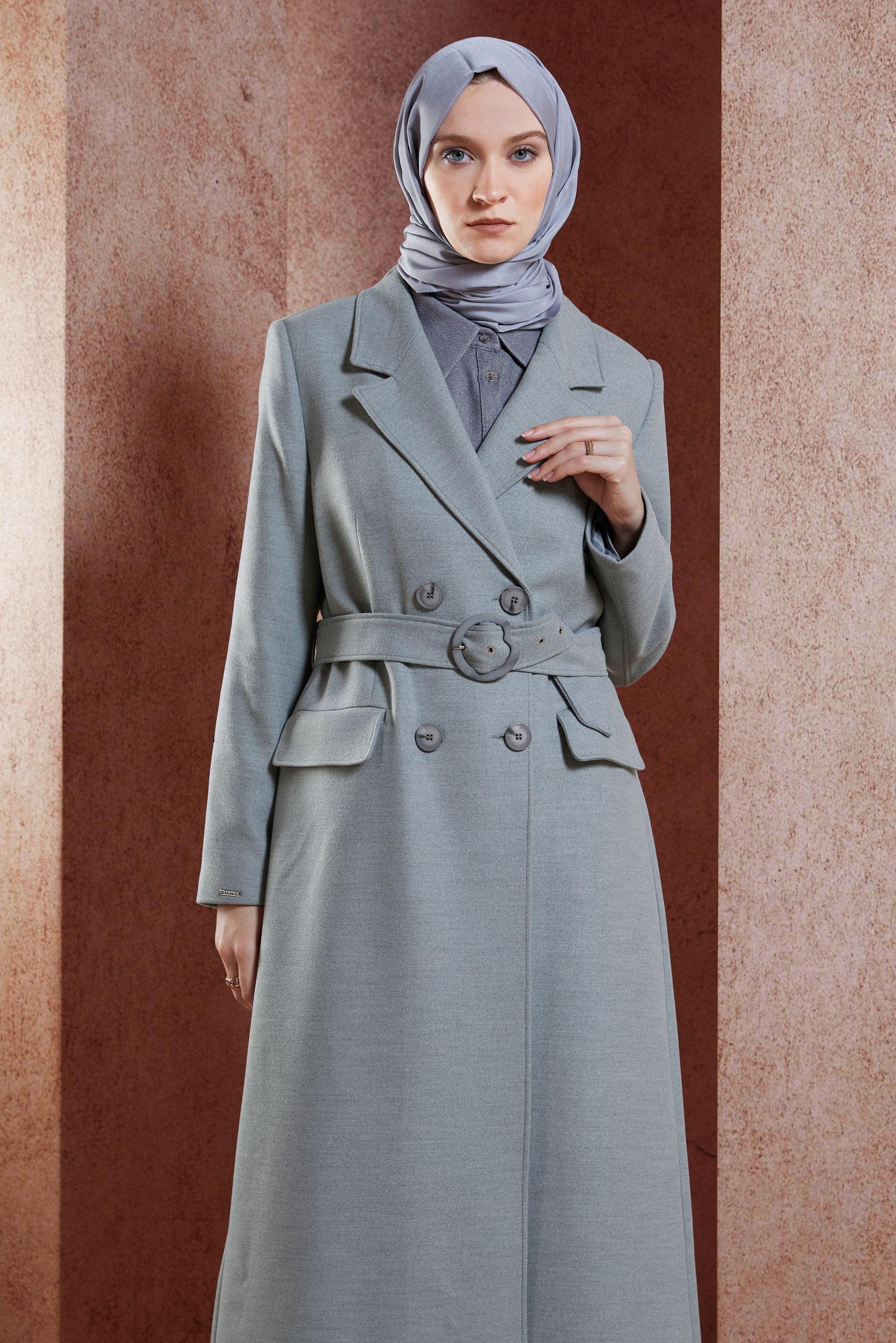 Vêtements hijab GRIS MANTEAU CEINTURÉ 90504