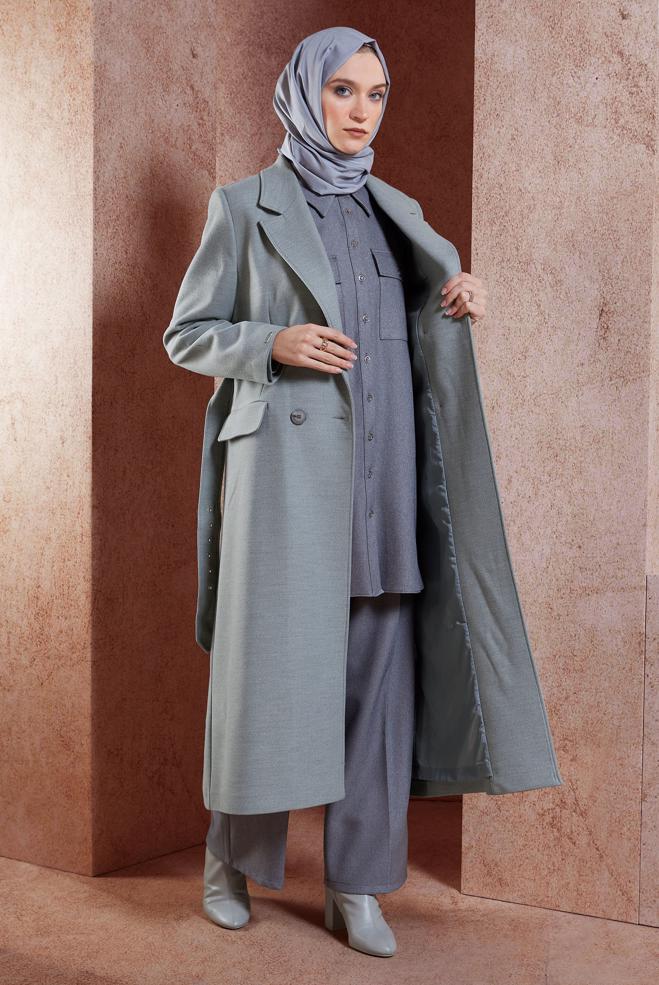 Hijab clothing GREY BELTED COAT 90504 - ALVİNA