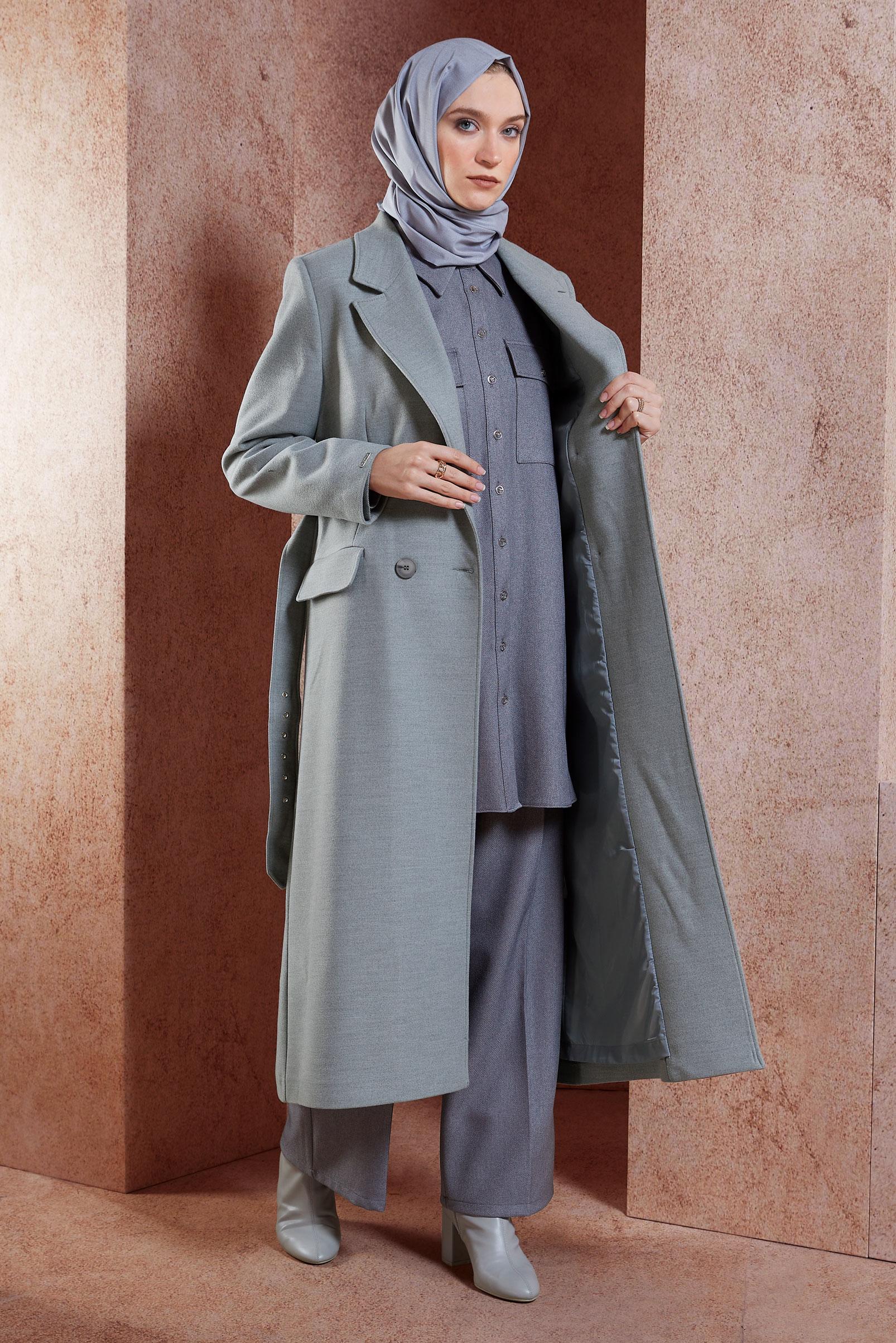 Vêtements hijab GRIS MANTEAU CEINTURÉ 90504