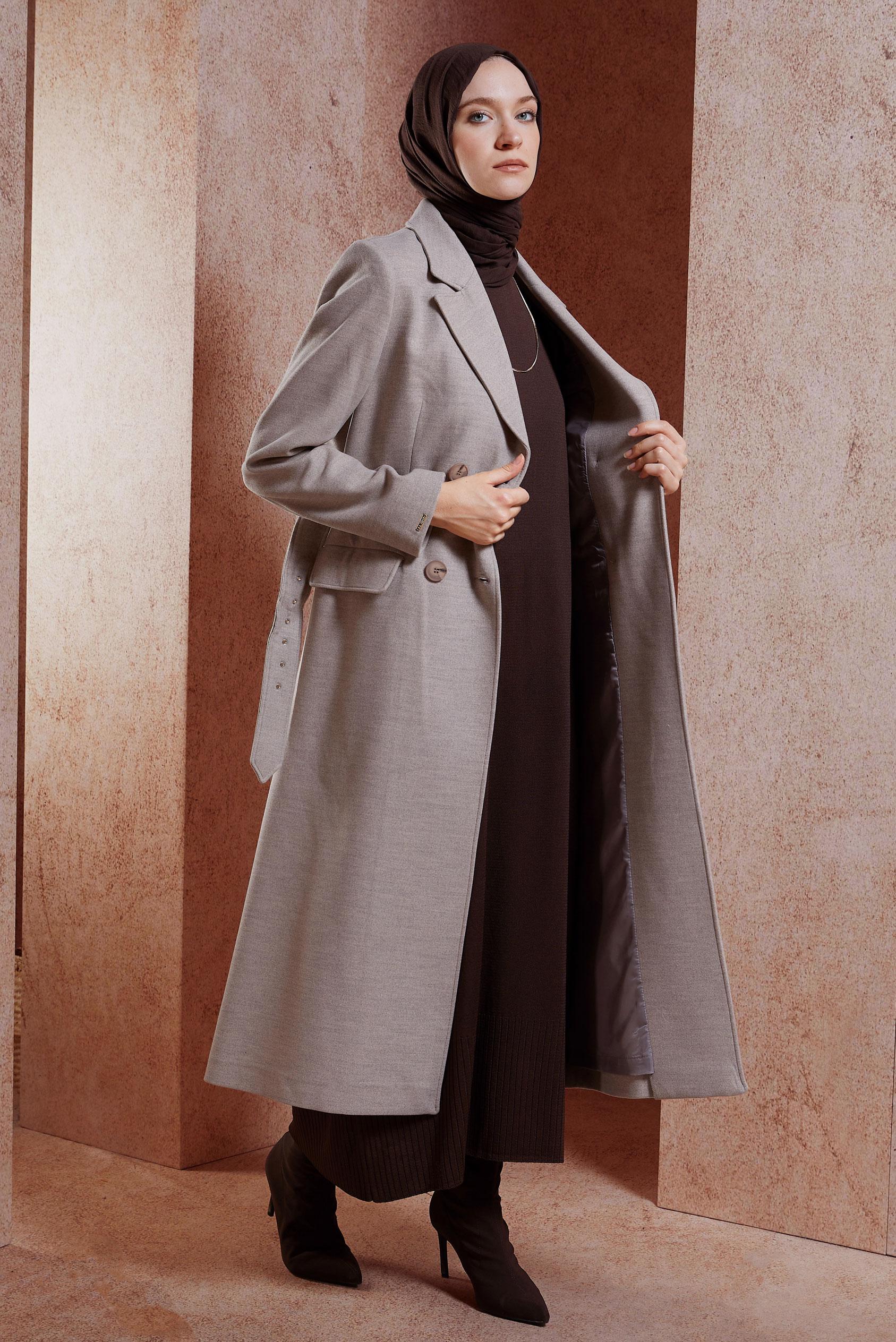 Tesettür giyim KAHVE KEMERLİ KABAN 90504