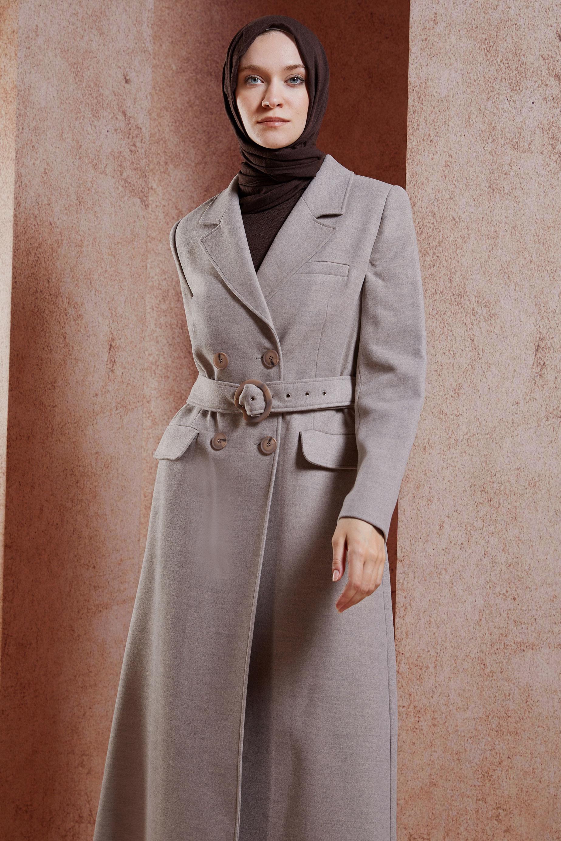 Tesettür giyim KAHVE KEMERLİ KABAN 90504