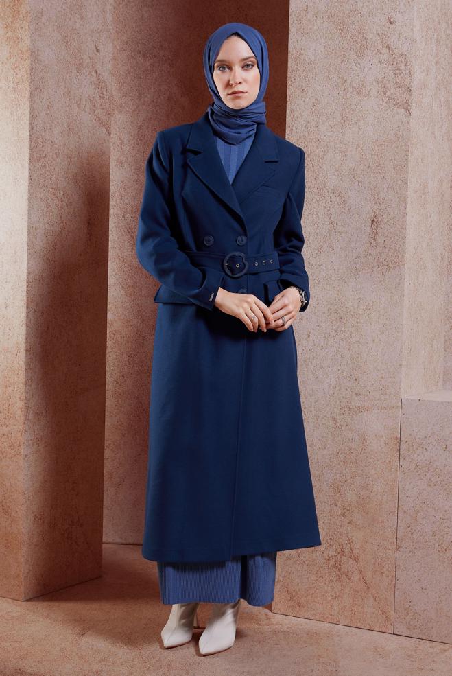 Hijab clothing BLUE BELTED COAT 90504 - ALVİNA