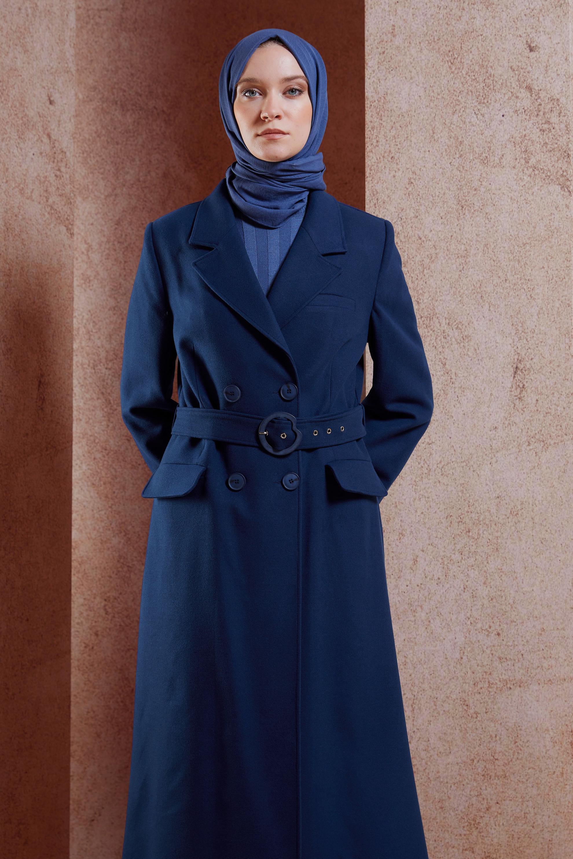 Tesettür giyim MAVİ KEMERLİ KABAN 90504