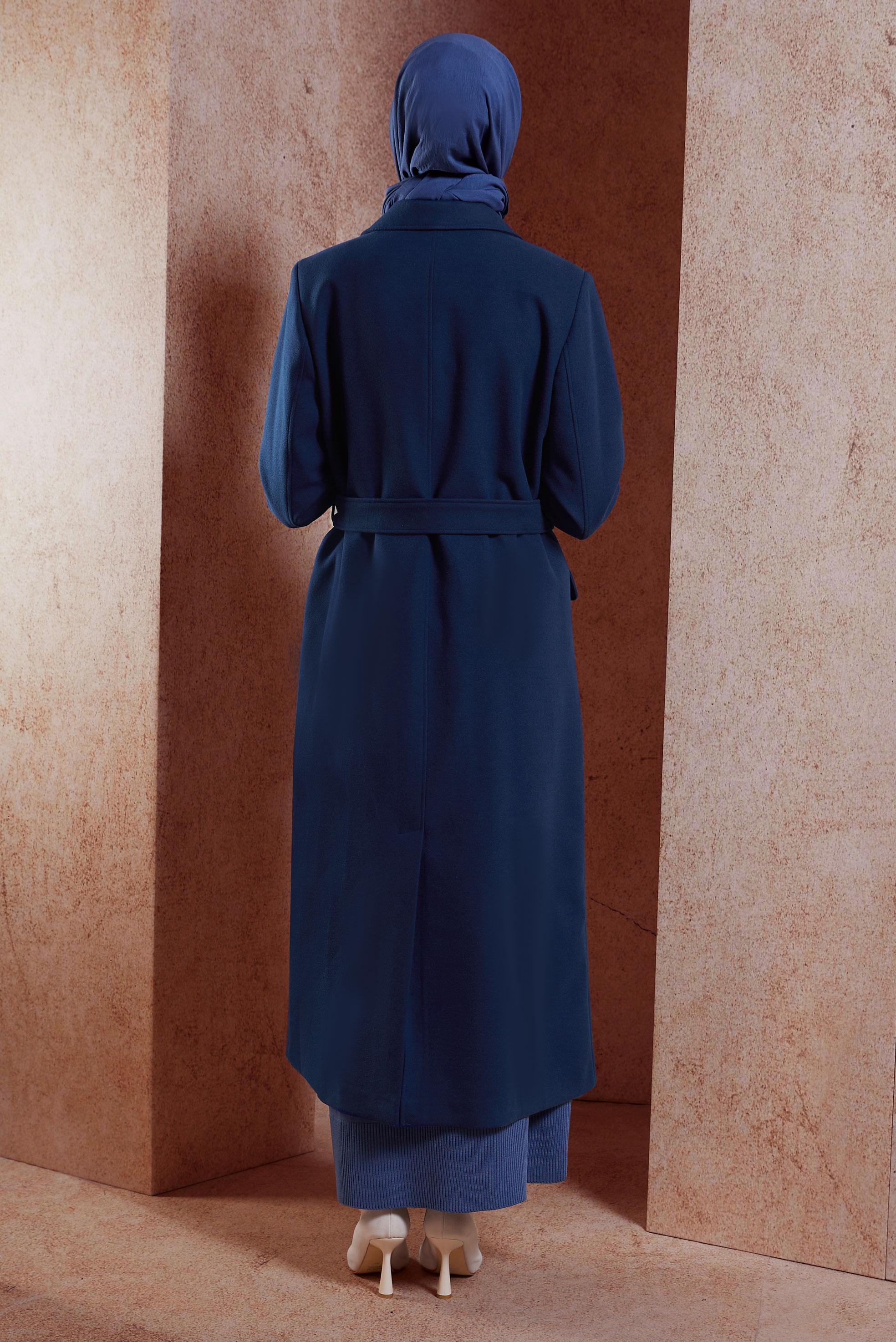 Tesettür giyim MAVİ KEMERLİ KABAN 90504