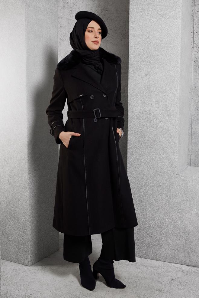Hijab clothing BLACK BELTED COAT 90506 - ALVİNA