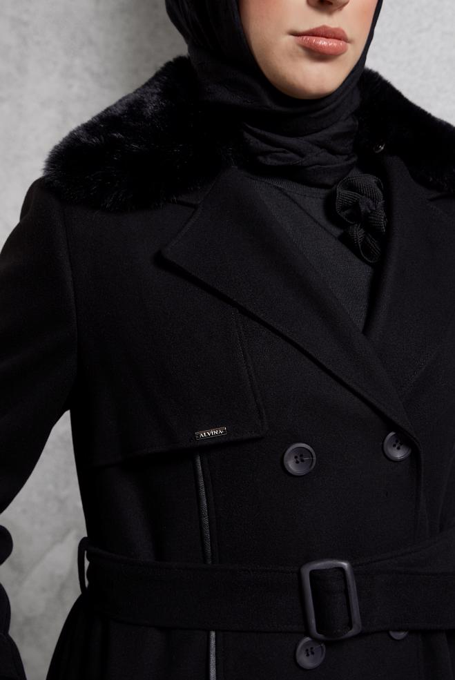 Hijab clothing BLACK BELTED COAT 90506 - ALVİNA