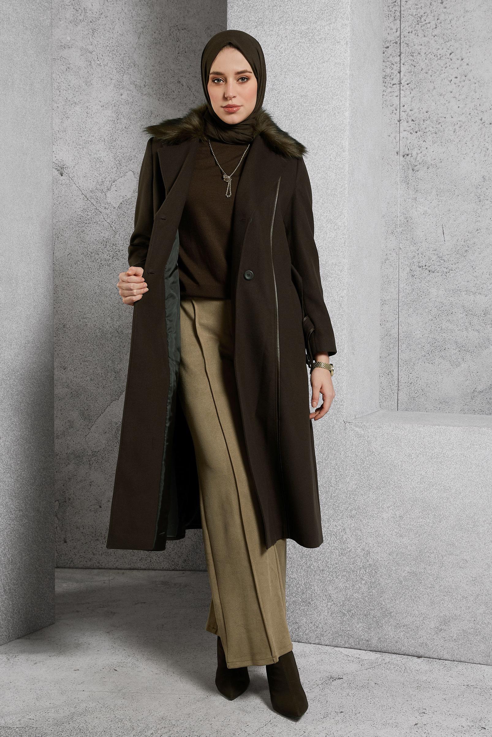 Vêtements hijab BRUN MANTEAU CEINTURÉ 90506