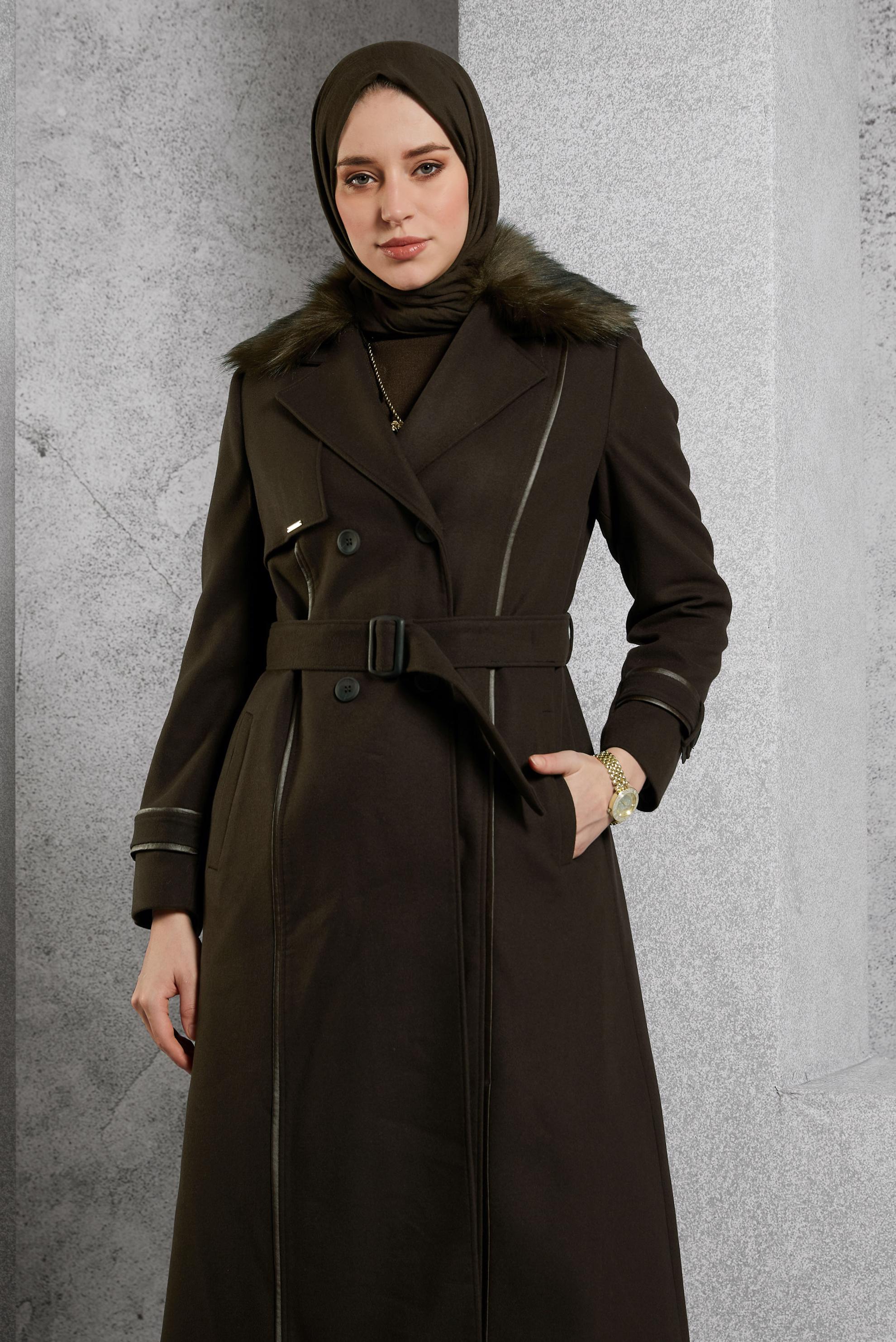 Vêtements hijab BRUN MANTEAU CEINTURÉ 90506