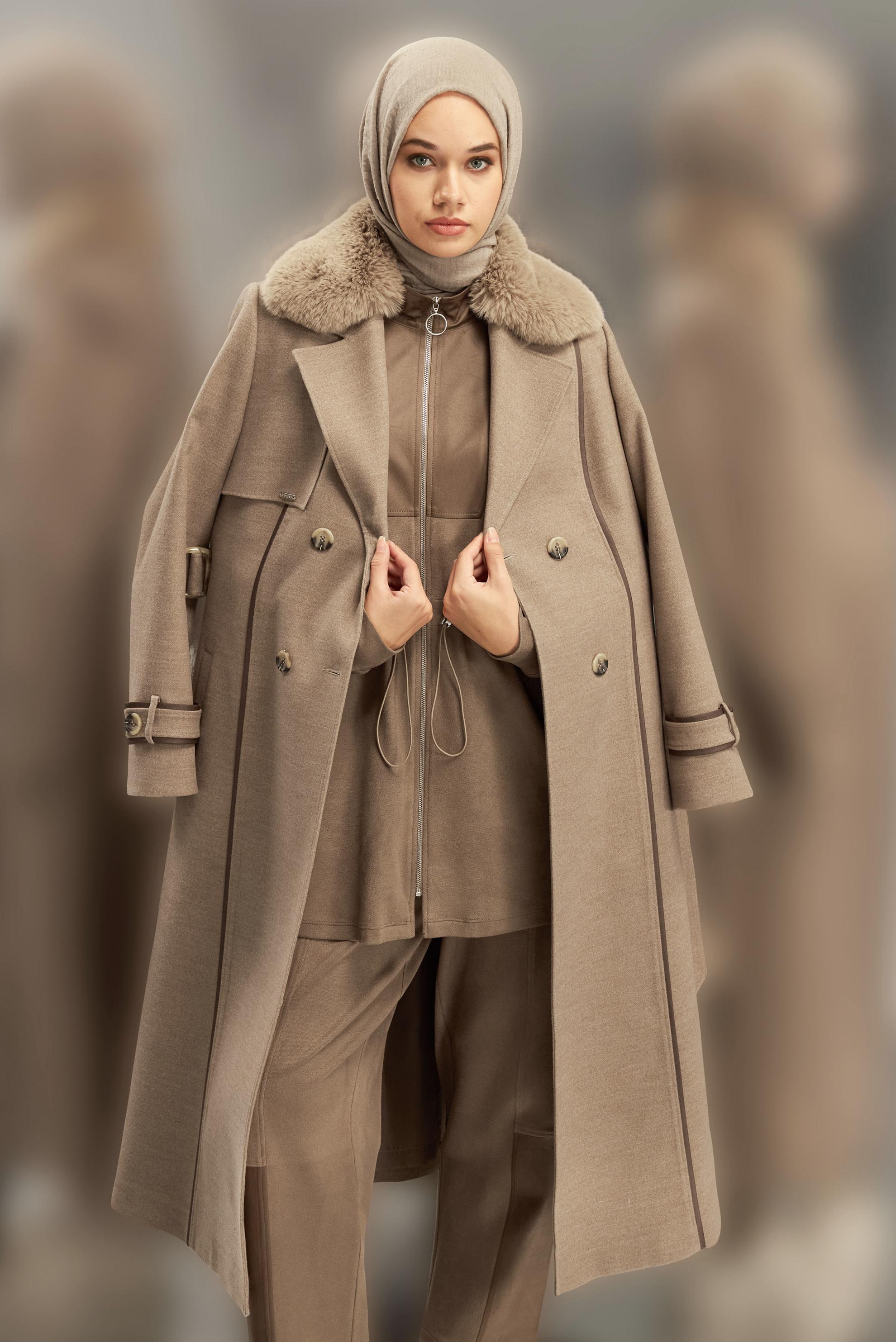 Vêtements hijab BRUN MANTEAU CEINTURÉ 90506