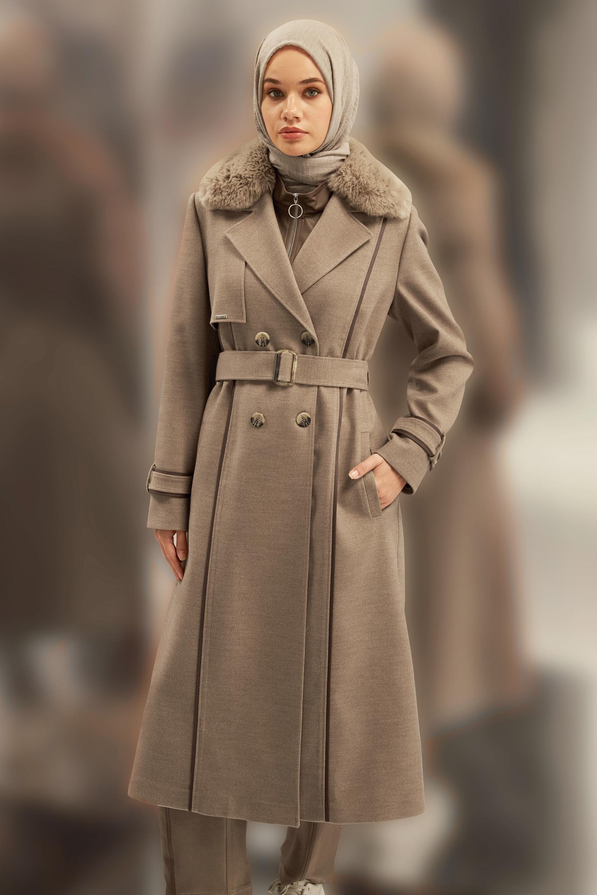 Vêtements hijab BRUN MANTEAU CEINTURÉ 90506