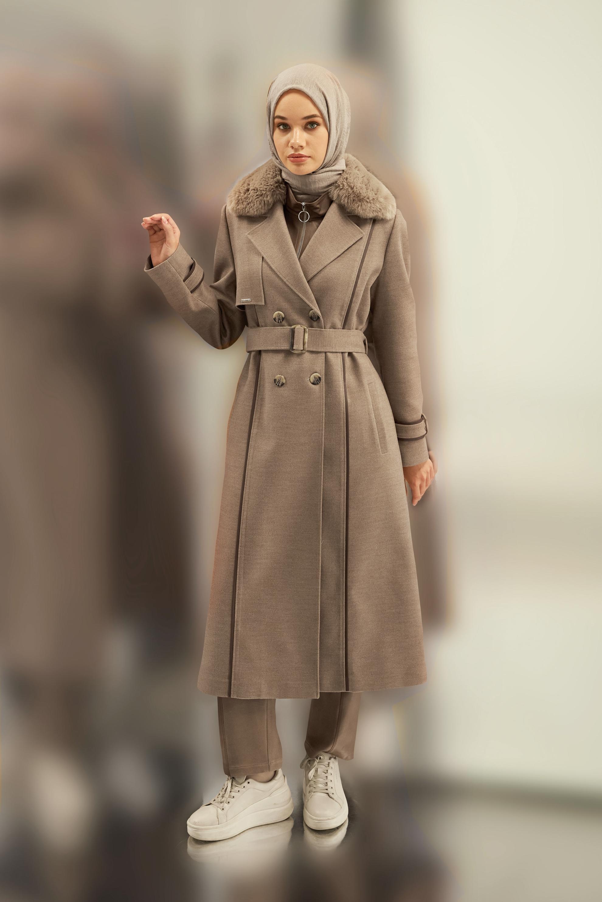 Vêtements hijab BRUN MANTEAU CEINTURÉ 90506