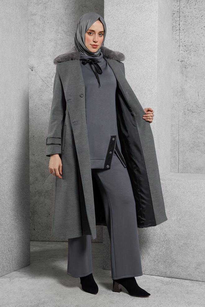 Hijab clothing GREY BELTED COAT 90506 - ALVİNA