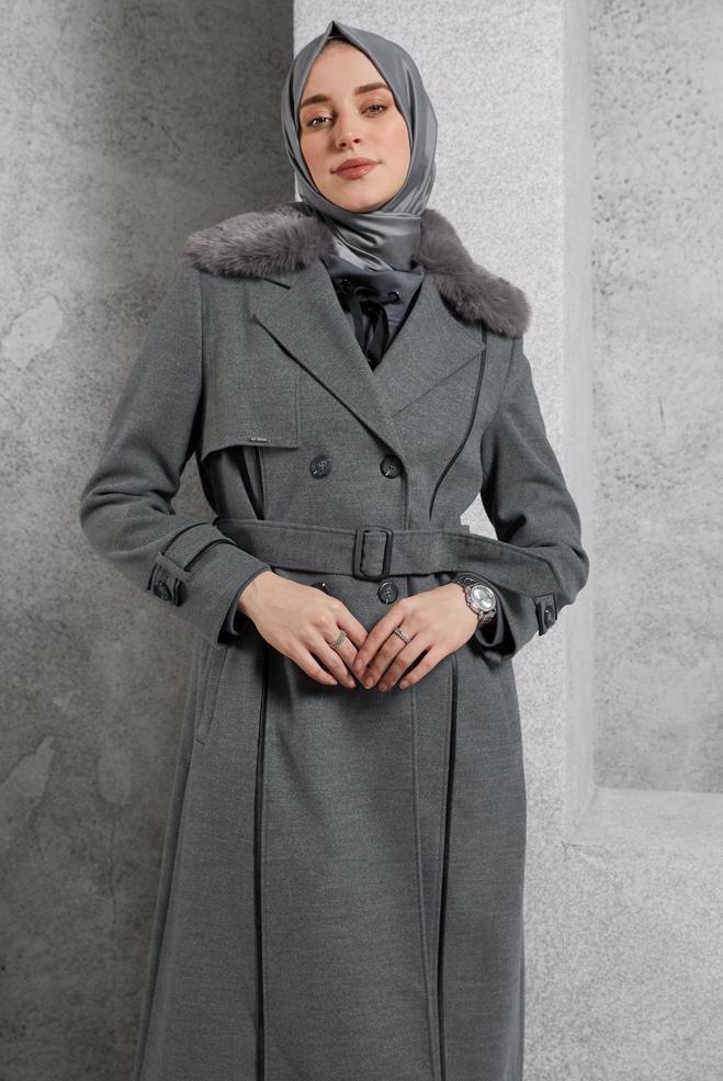 Hijab clothing GREY BELTED COAT 90506 - ALVİNA
