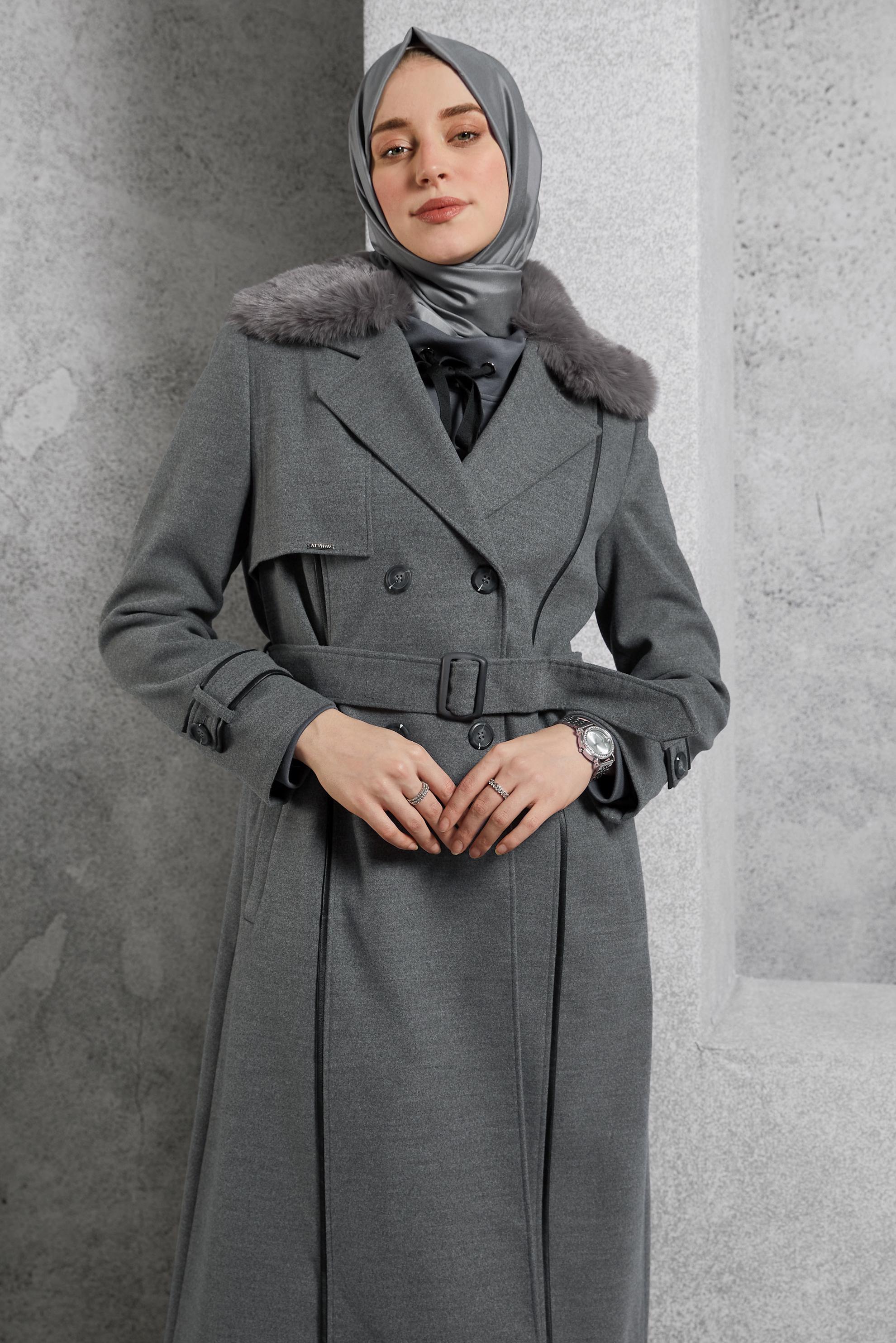 Vêtements hijab GRIS MANTEAU CEINTURÉ 90506