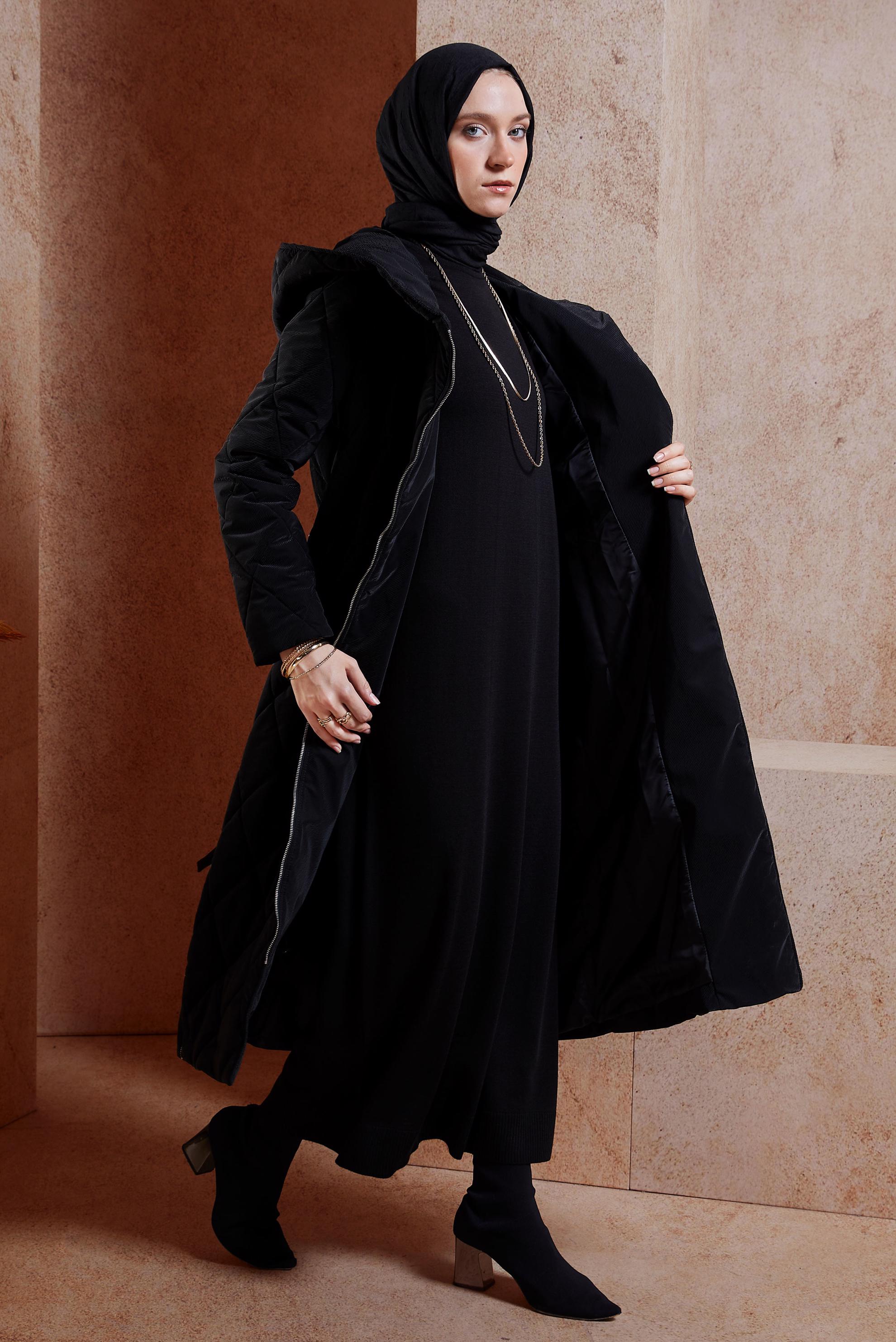 Vêtements hijab NOIR MANTEAU À CAPUCHE CEINTURÉ 90507
