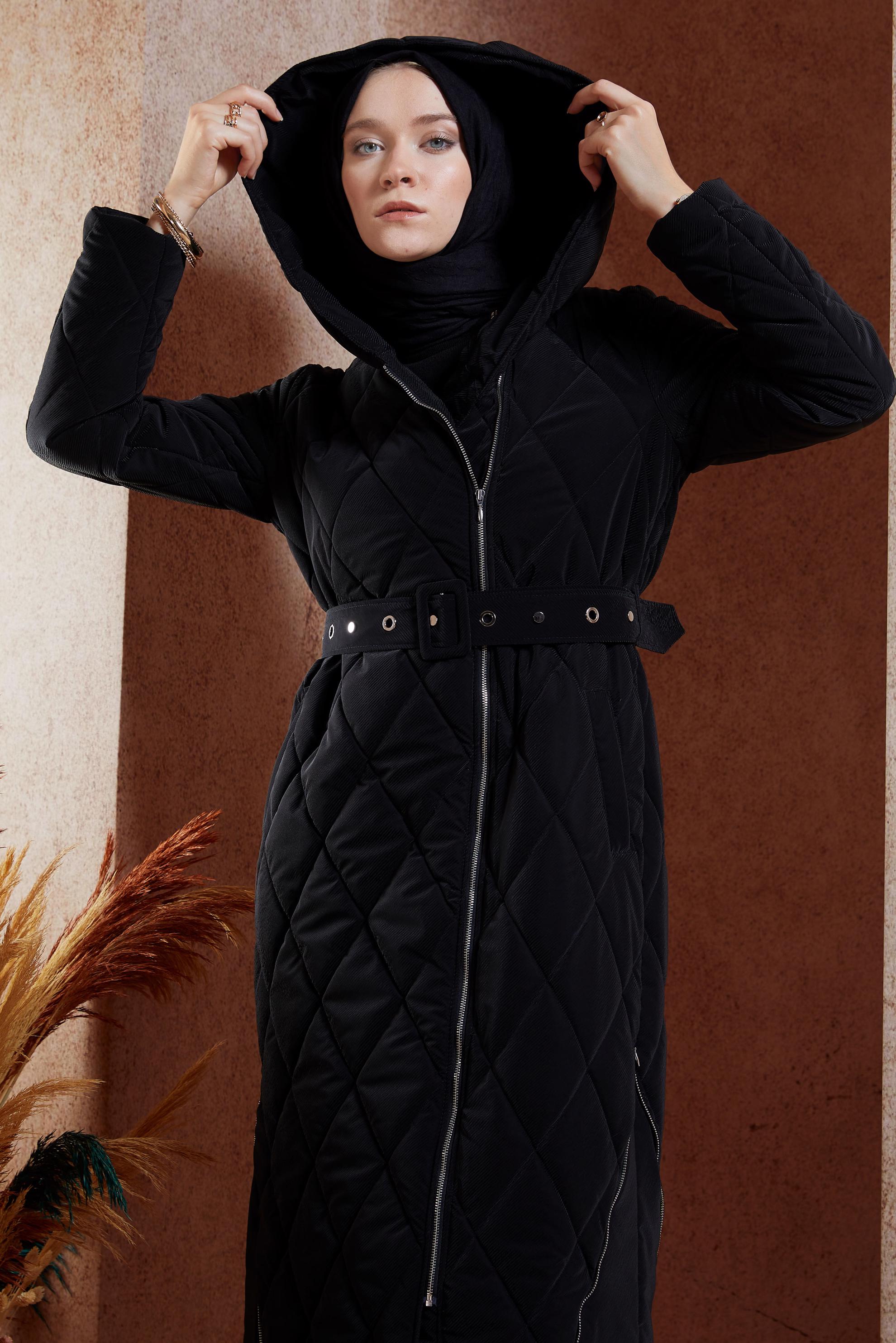 Vêtements hijab NOIR MANTEAU À CAPUCHE CEINTURÉ 90507
