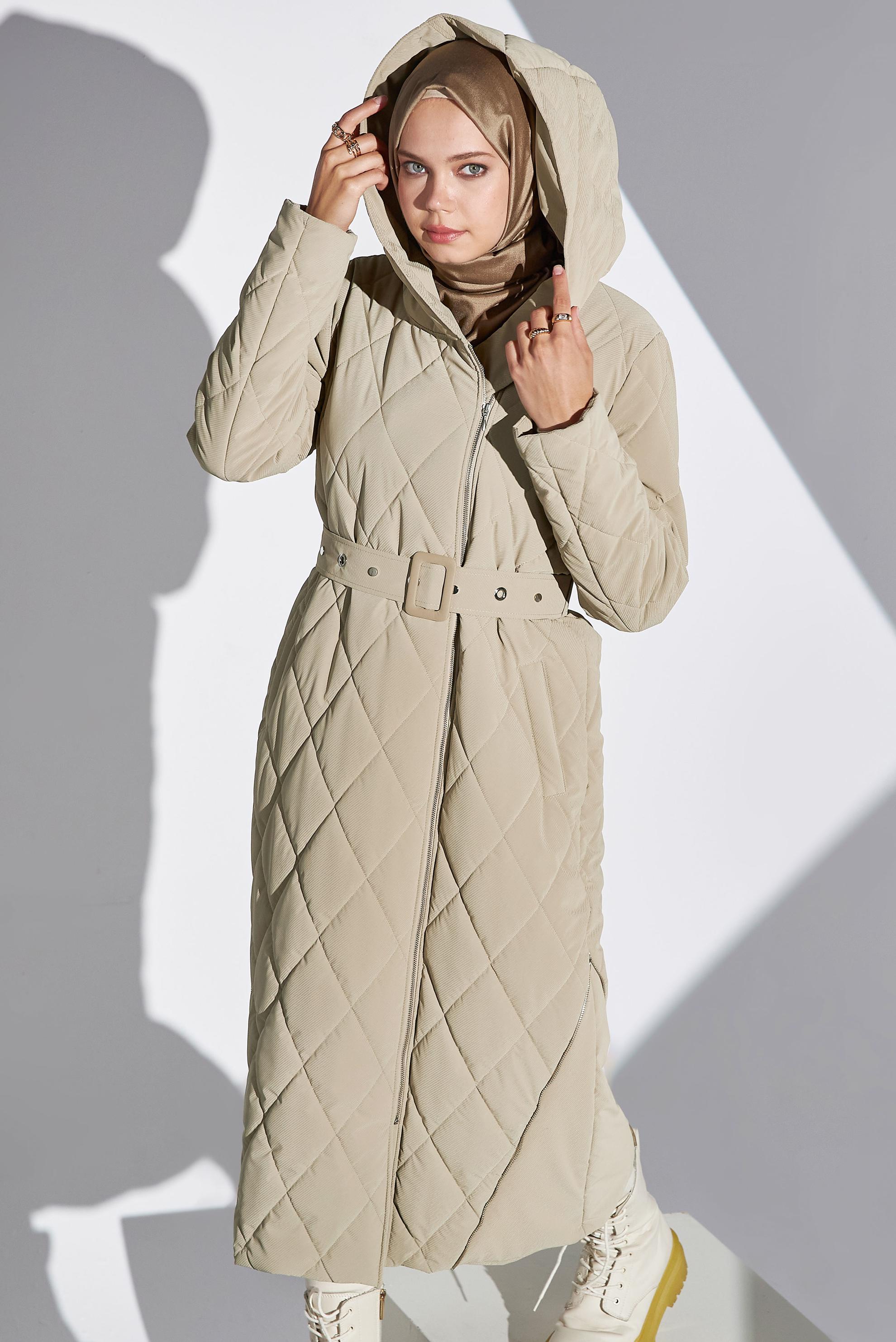 Hijab clothing BEIGE BELTED HOODED COAT 90507