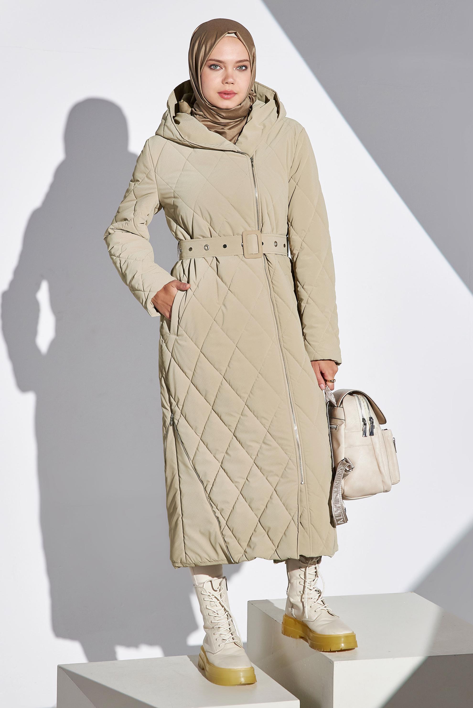 Hijab clothing BEIGE BELTED HOODED COAT 90507