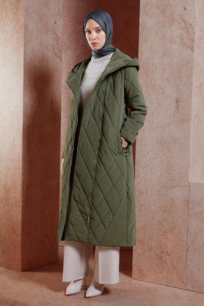 Hijab clothing KHAKI BELTED HOODED COAT 90507 - ALVİNA