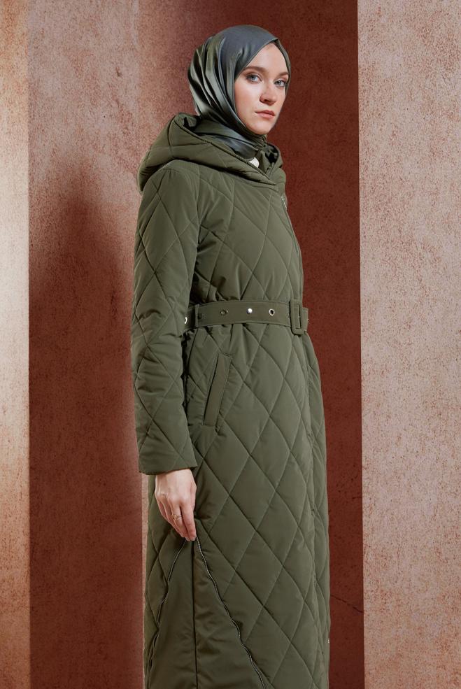Hijab clothing KHAKI BELTED HOODED COAT 90507 - ALVİNA