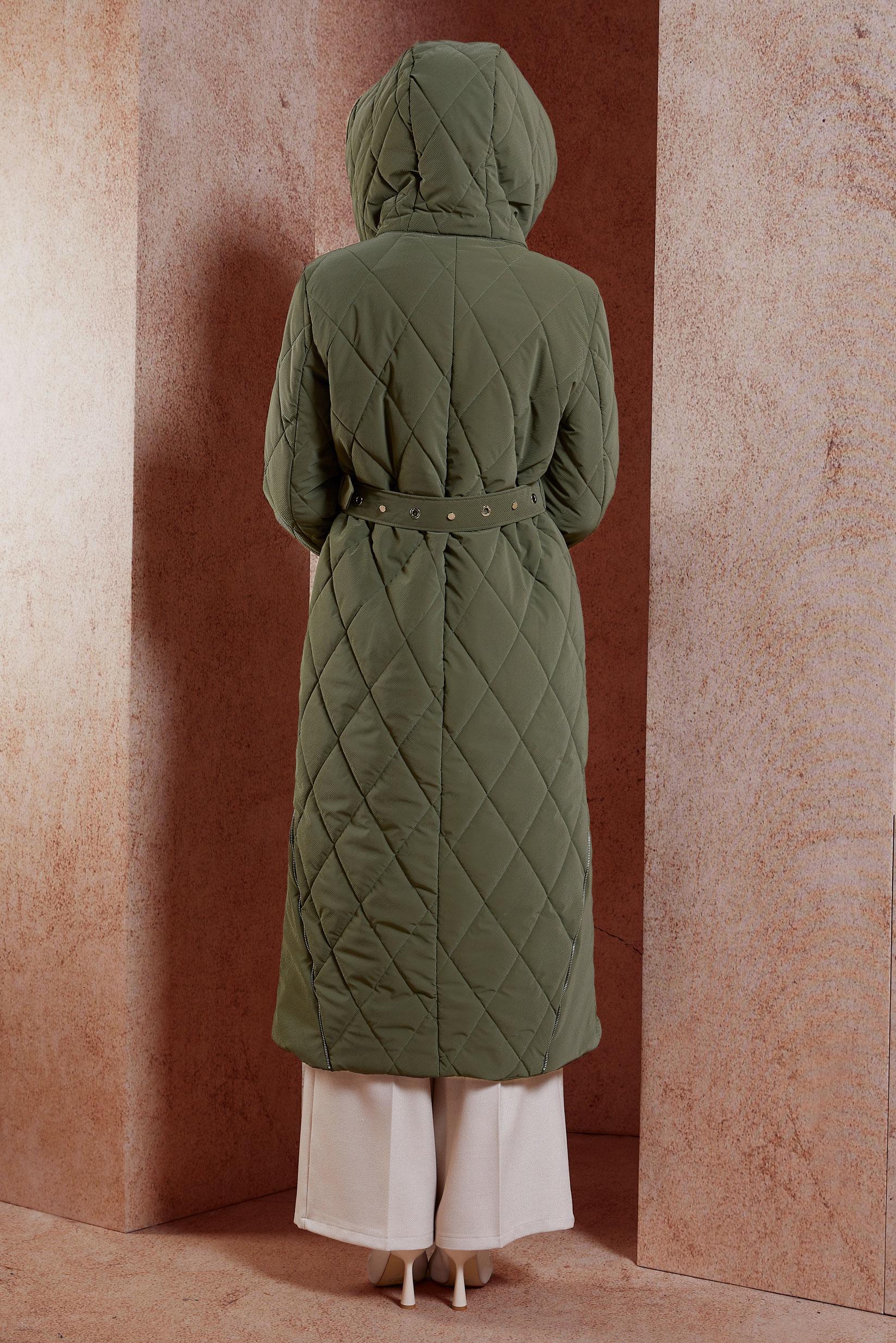 Tesettür giyim HAKİ KEMERLİ KAPÜŞONLU KABAN 90507